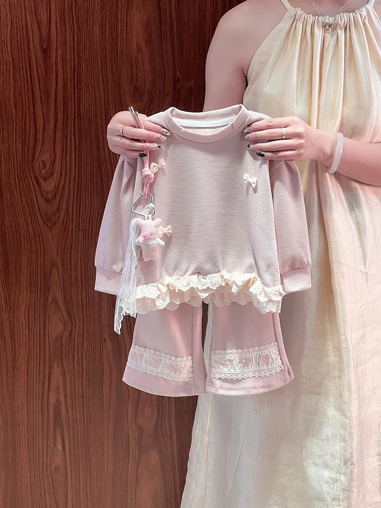 

Girls Casual Long Sve Two-Piece Set Spring Autumn Faionable Sweet Baby Outfit Korean Sle Floral Trim round Dot Pattern