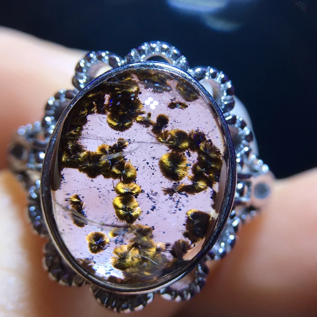 

Natural Gold Rutilated Quartz Adjustable Ring Women Men 925 Silver 13.5/10.8mm Rutilated Beads AAAAAA