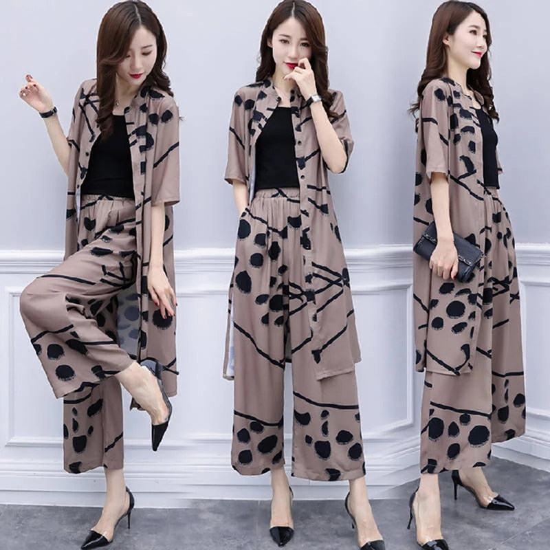 

2pcs Chiffon Women Casual Set Wear Loose Suit Wide Leg Pants + Long Blouse Set