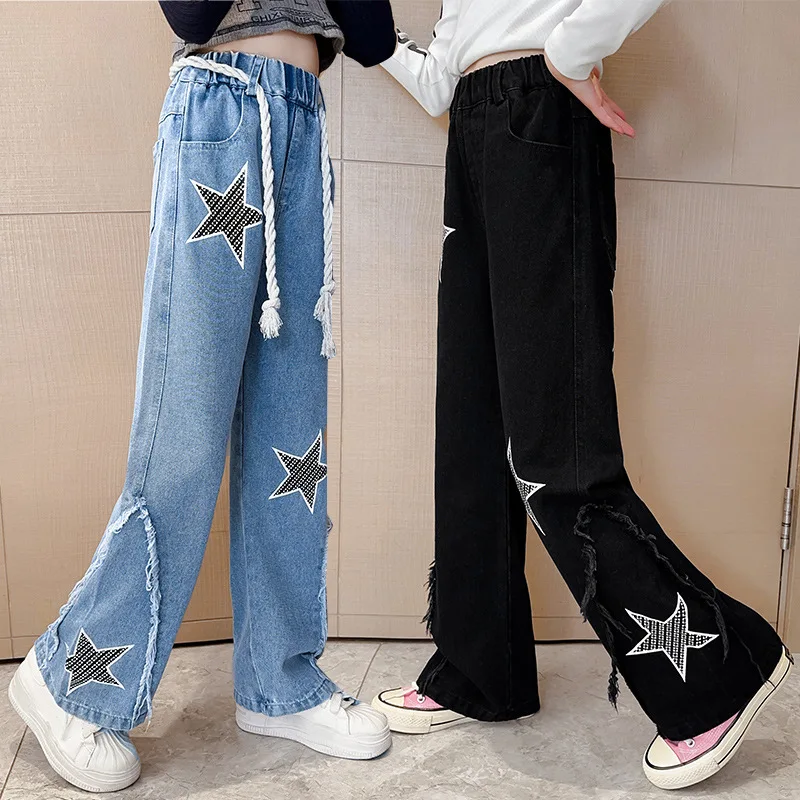 Baby Girl Pants Girls Five-pointed Straight Leg Jeans Spring and Autumn 2024 New Pant Casual Children Wide-leg Pant