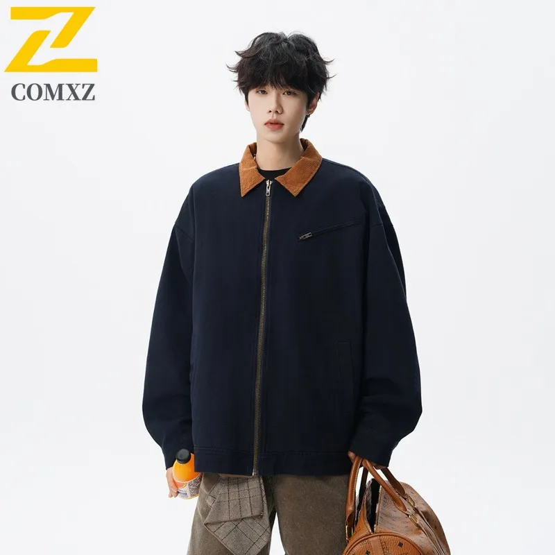 

​​COMXZ 2025 Men Street Fashion Denim Coat Washed Workwear Jacket Vintage American Style Loose Fit Autumn Sport Outerwear​​