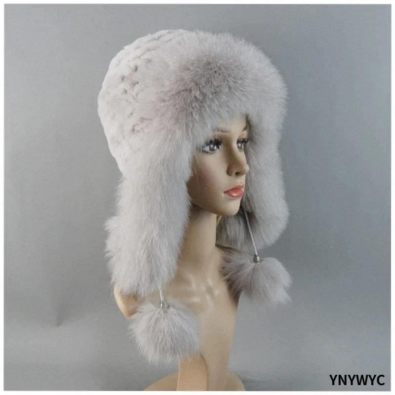 Women's Beanies Hat with Ear Protector Winter Hats for Women Real Rex Rabbit Fur Elastic Knitted Cap With Fox Fur Fall Bonnets