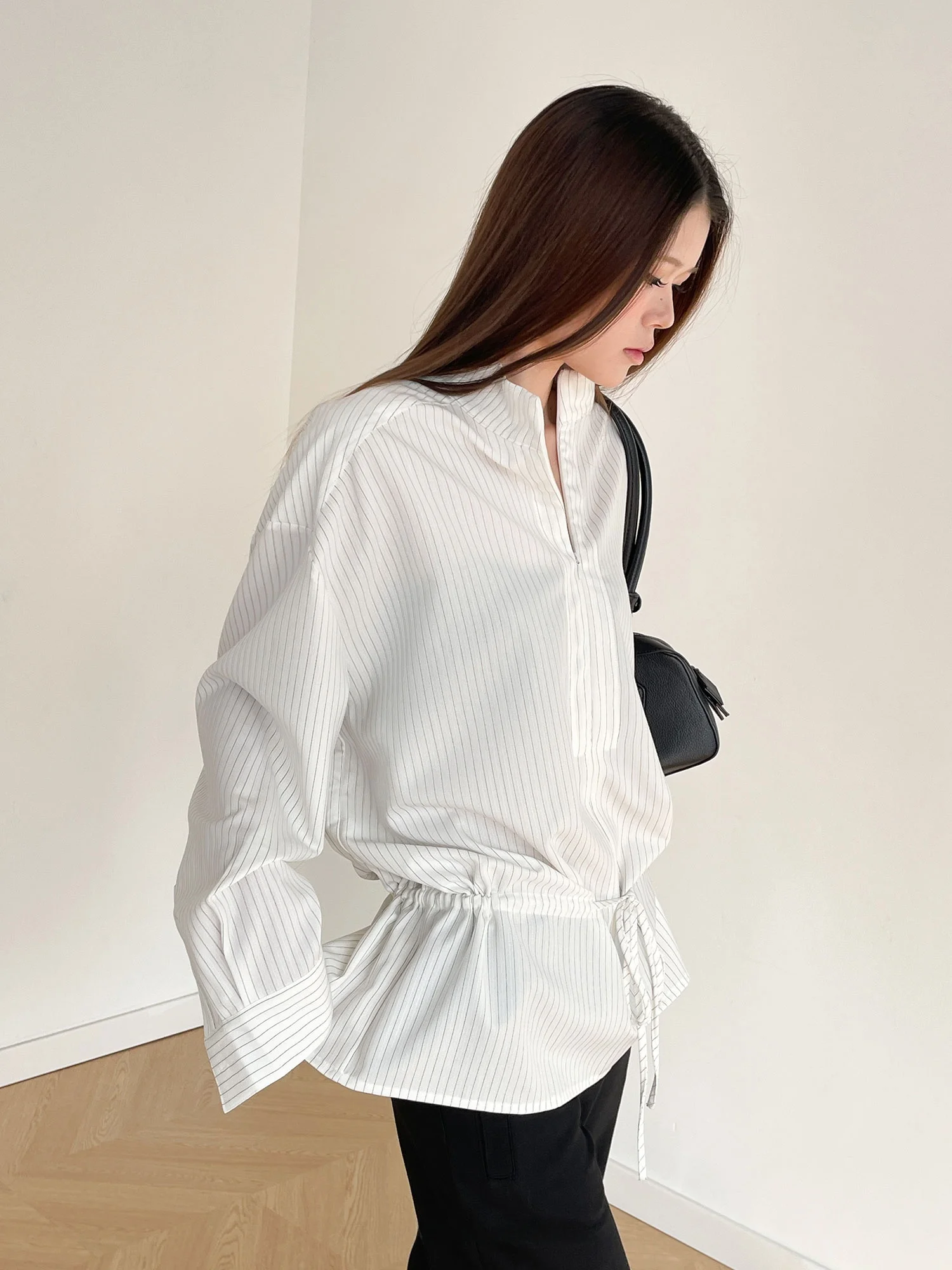 

Inbeowroom Women's Loose Fit Striped irt V-Ne Dstring Waist Design Faionable Top Zipper Closure Long Sve