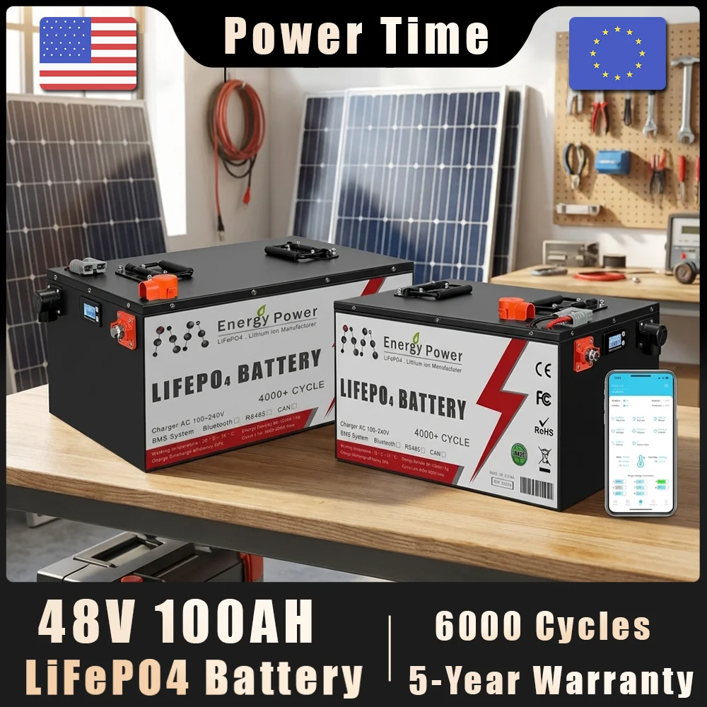 Pacco batterie LiFePO4 48V 50Ah 100Ah 200Ah 51.2V 100AH 5KW 10KW BMS Bluetooth 6000+ cicli Batteria al litio ferro fosfato per accumulo solare domestico, inverter off-grid, camper, yacht, barca,