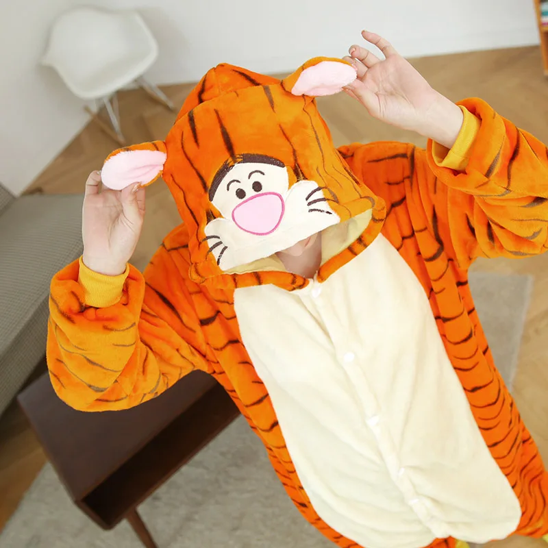 Unisex inverno uma peça dos desenhos animados pijamas de tigre com duas orelhas redondas poliéster fino quente magro bonito confortável sleepwear