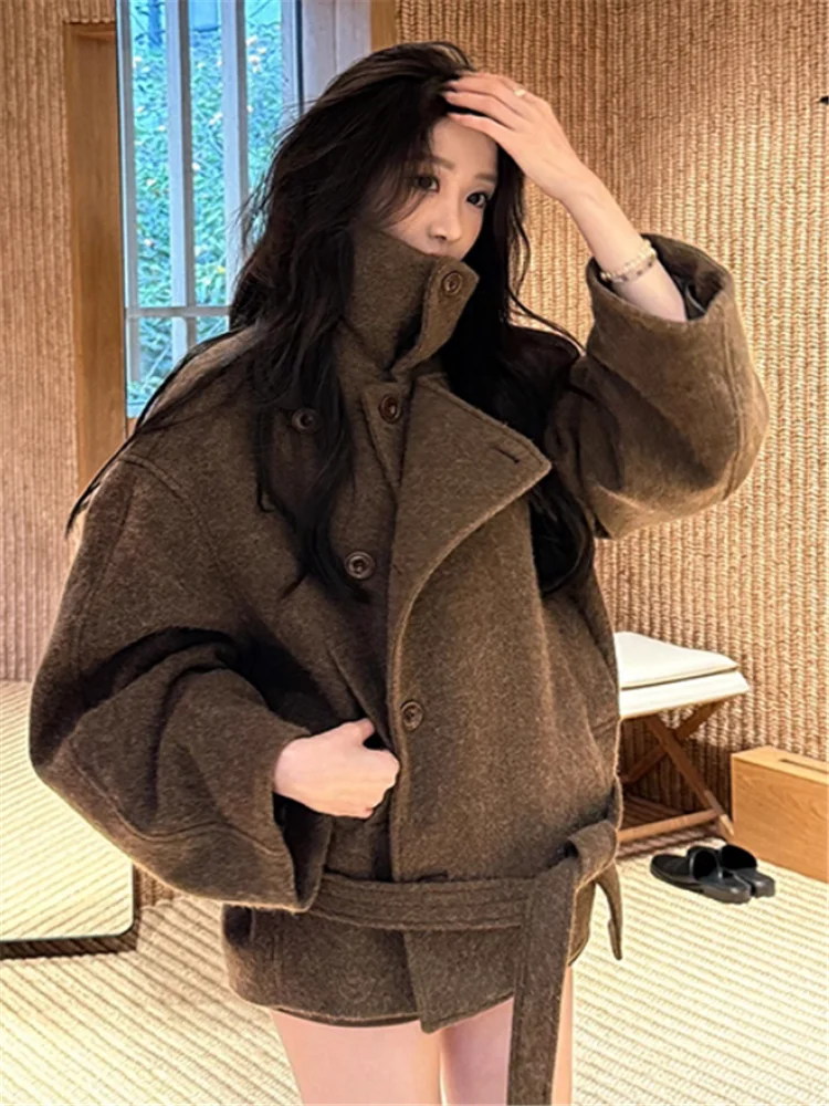 British Double-sided Coffee Thick Woolen Coat New Fall Winter Women Stand Collar Belted Outwear Oversize Loose Casual Jacket