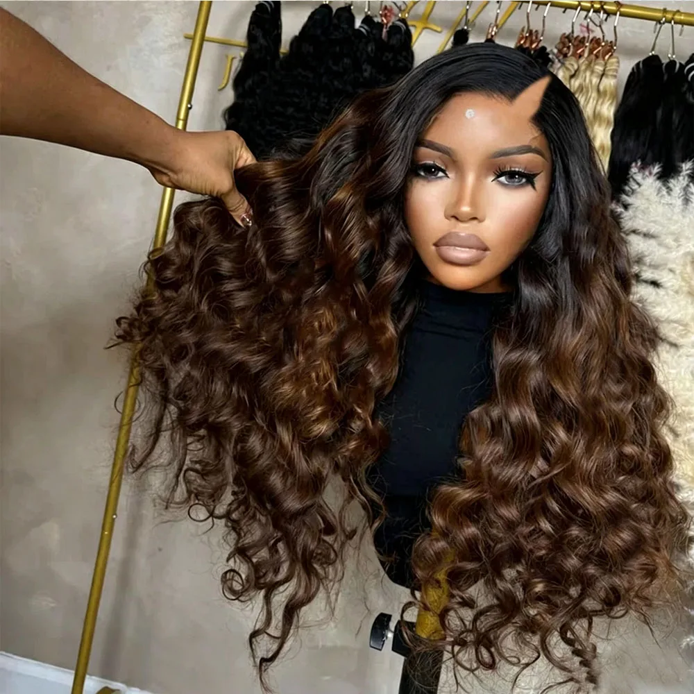 Ombre Dark Brown Deep wave Human Hair  V Part Wigs for Black Women Caramel Brown Glueless Virgin Hair with Clips/Comb Adjustable
