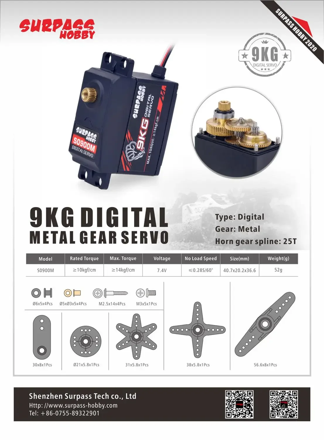 Surpass Hobby S0900M 9KG Metal Gear Digital Servo 4.8V~6V for 1/10 1/8 RC Car Airplane Drone Boat Robot Model Toy Accessorries