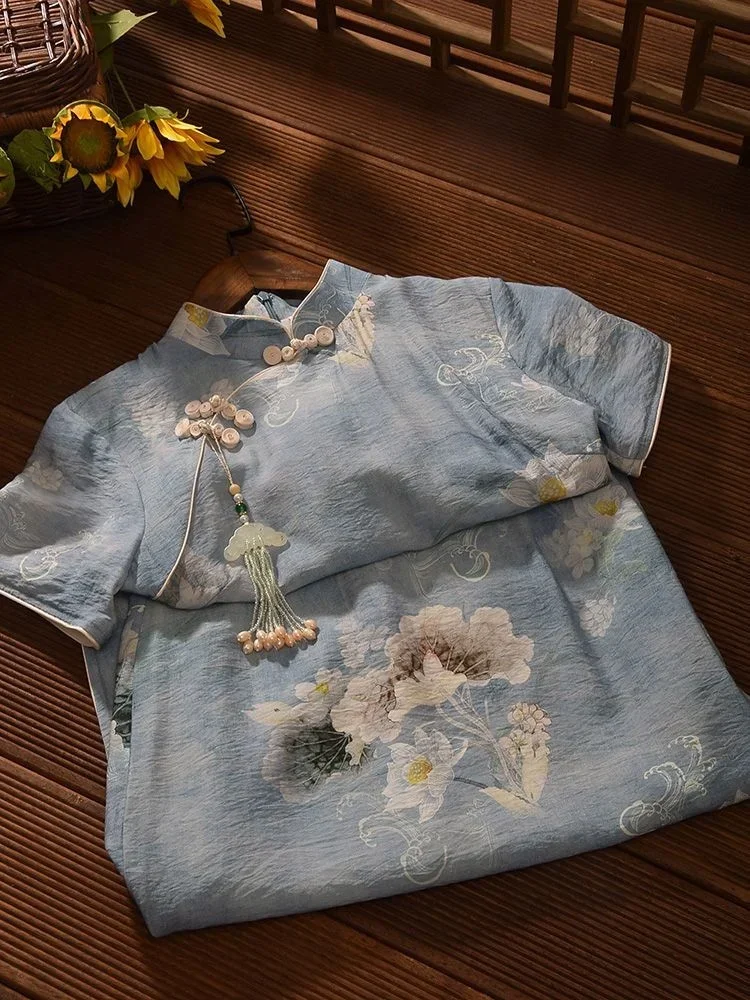 

Chinese Style Blue Slim Long Cheongsam With Improved Summer Print For Girls' Daily Vintage Short Sleeve Qipao Party Dresses