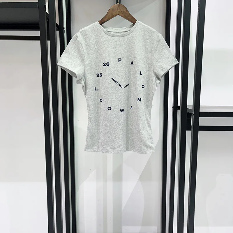 Trendy 2026 Summer Flocking Clock Print Round Neck Stretch Slim Fit T-Shirt