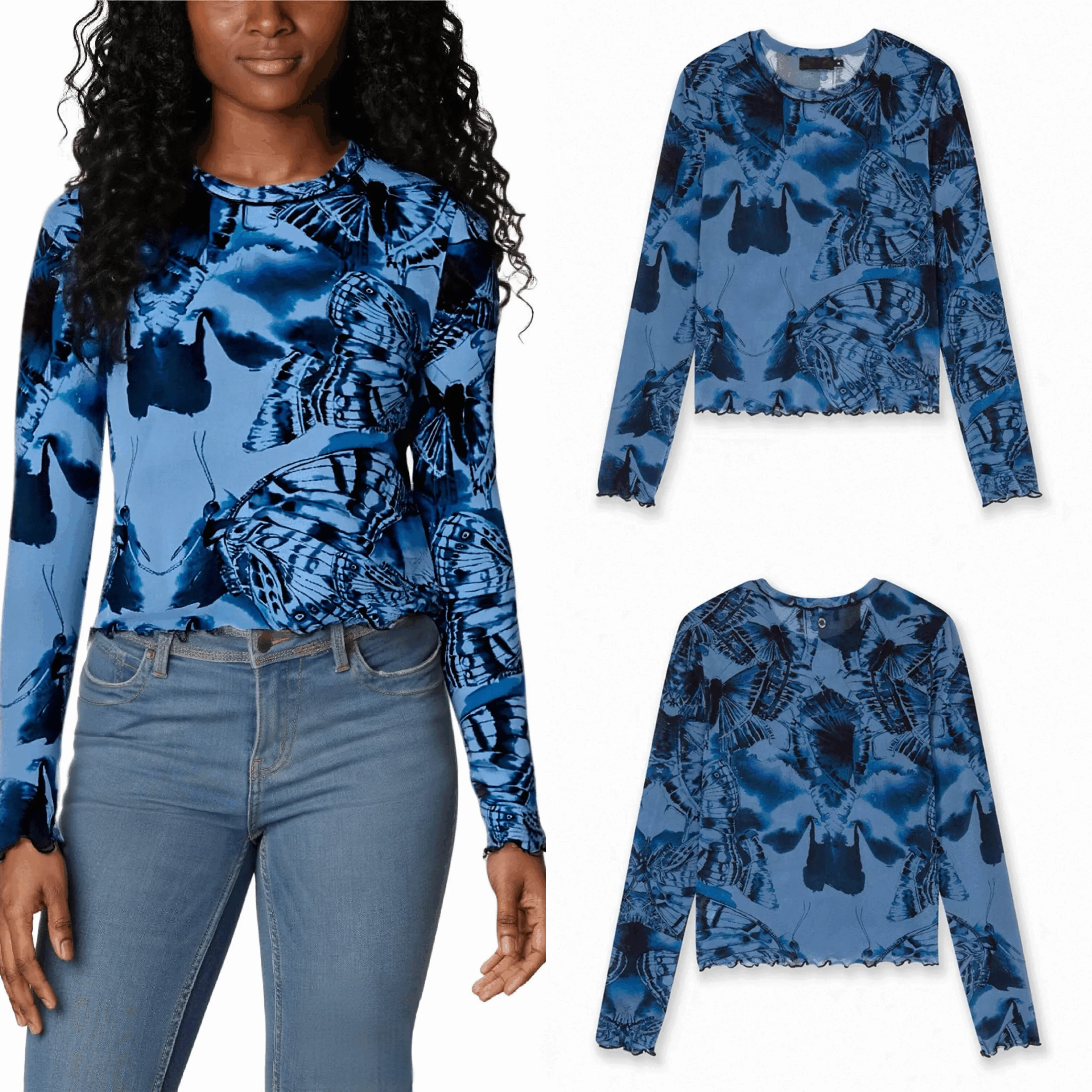 

European and American original Spanish light luxury comfortable slim fit elastic printed round neck women's T-shirt top