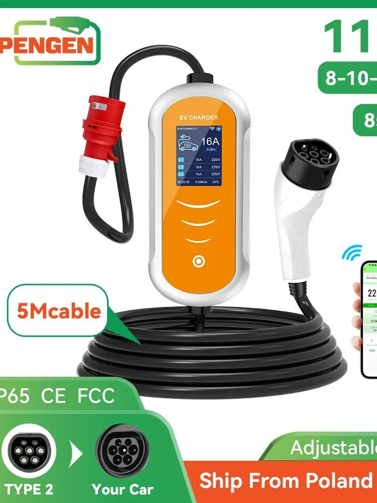 IPENGEN Typ2 11KW EV-Ladegerät Tragbar 5M Kabel 16A 3-Phasen IEC 62196-2 EVSE Ladebox mit Verzögerungsoption und APP-Steuerung
