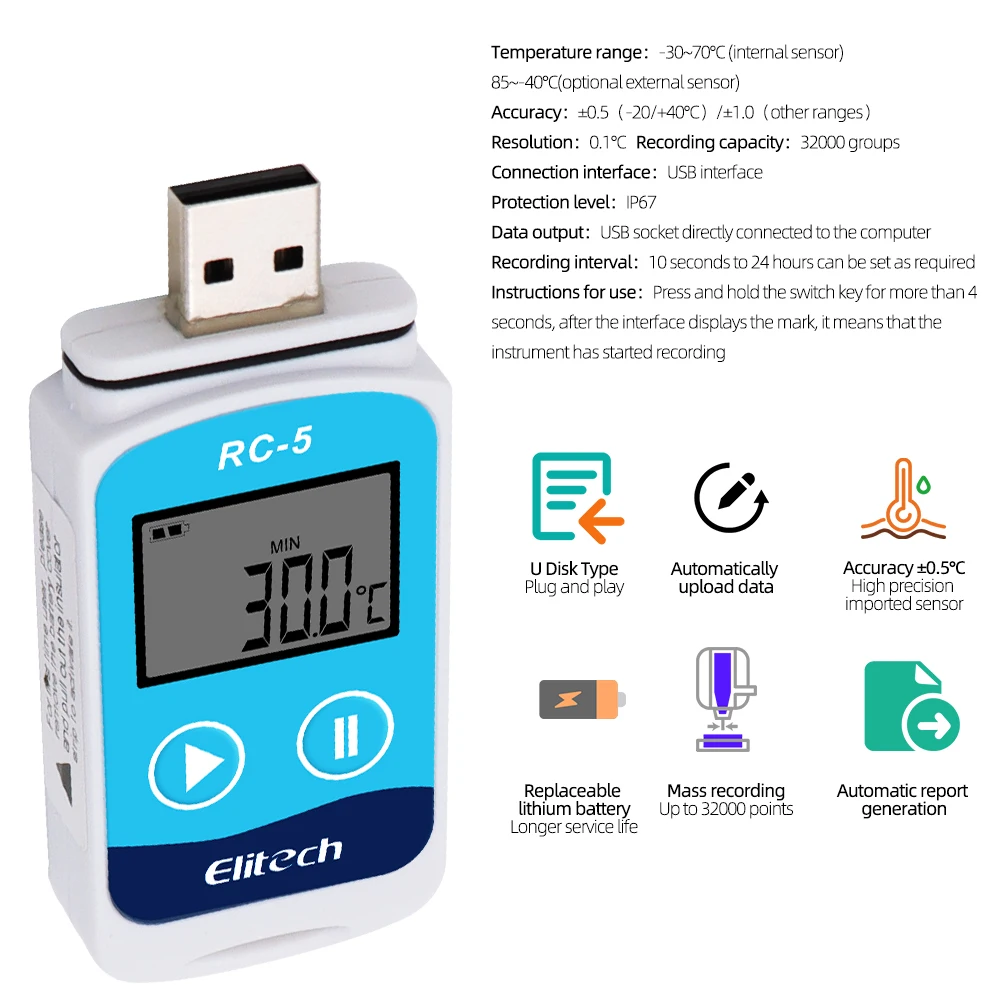 Elitech RC-5+ USB-Datenlogger-Recorder, PDF, wiederverwendbarer Temperatur-Datenlogger, Upgrade für Kühlung, Kaltketten-Transportlabore – Detail 6