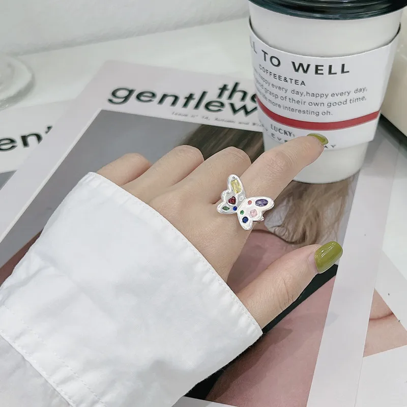 

S925 Sterling Silver Fashionable Rainbow Zircon Butterfly Ring Korean Version INS Wind Blogger Hot Selling Wholesale Silver