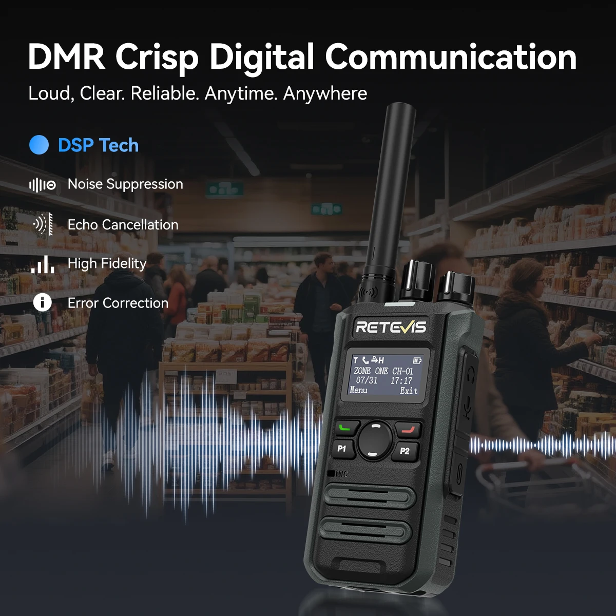 Radio Dua Arah Retevis P3 DMR Pengisian Cepat Daya Tahan Baterai Lama Ringkas Bergaya Aman Walkie Talkie untuk Hotel Sekolah Ritel