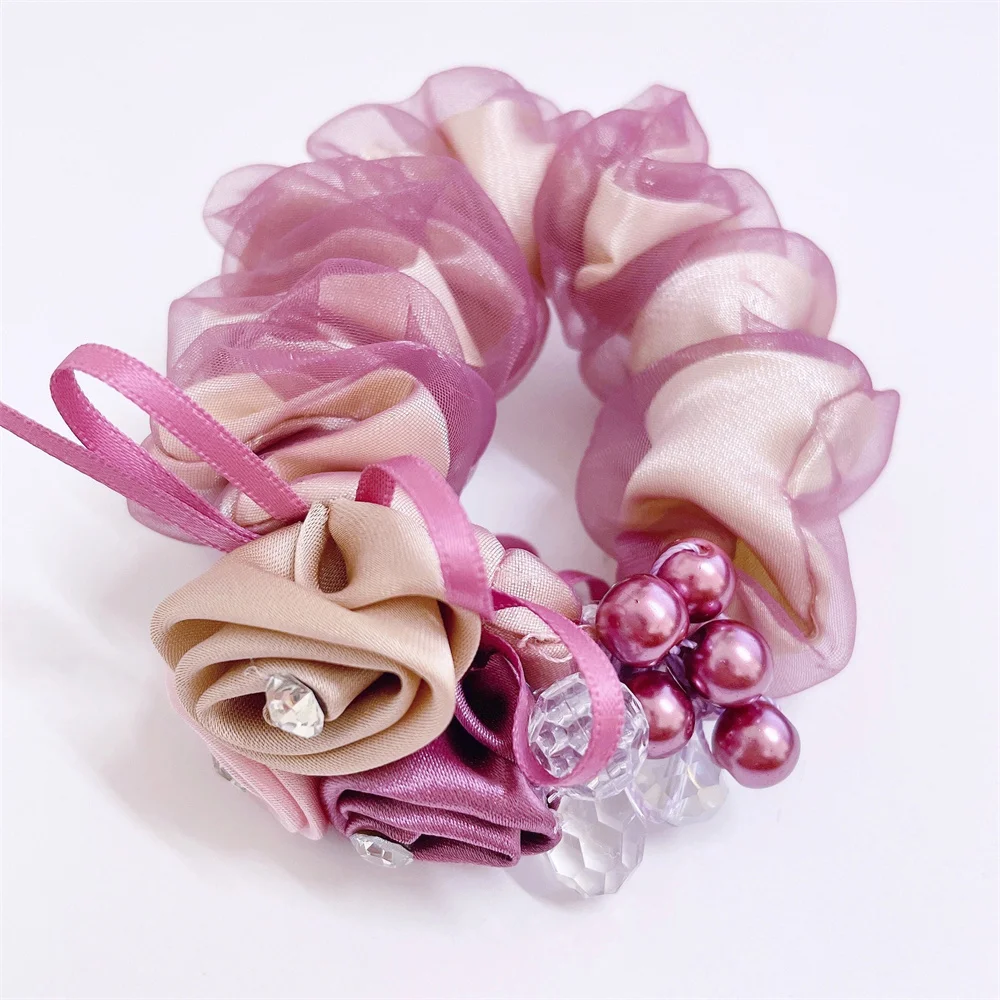 Korean Fashion Pearl Hair Rope Rose Flower Hair Band Rhinestone Hair Ties Rubber Band Hair Jewelry Hair Accessories For Women