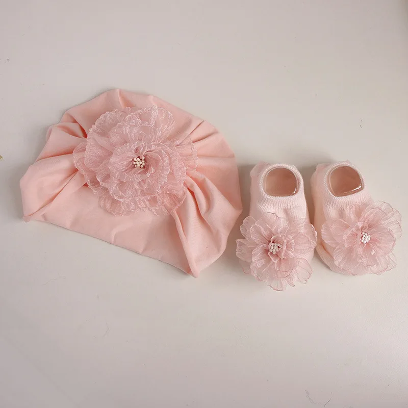 2Pcs Baby Girls Flower Cap Socks Set Cute Floral Newborn Short Tube Sock+ Turban Hat Summer Thin Infant Indian Caps