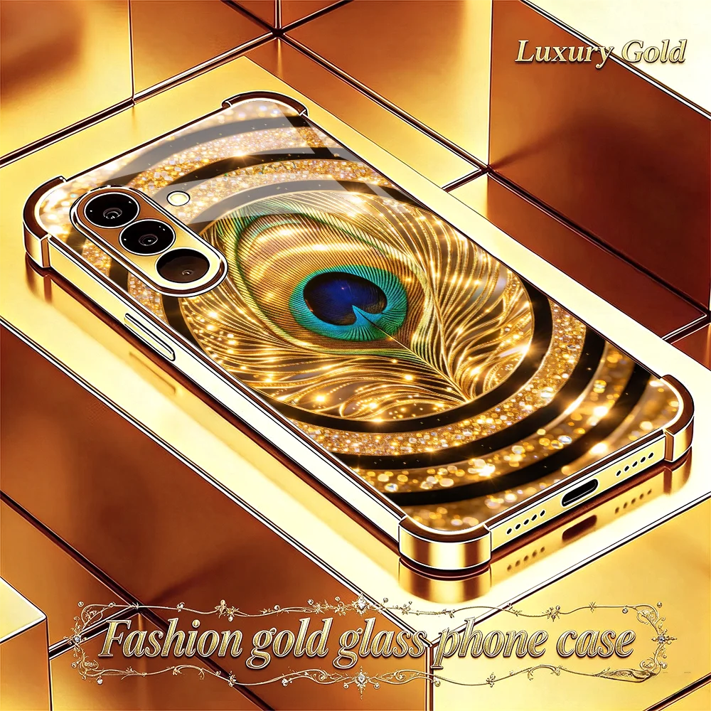 Luxury Golden Feather s26 ultra case  s25 ultra case Glass phone case for Samsung Galaxy S26/S25/S24/S23/S22/S21 Ultra FE Plus