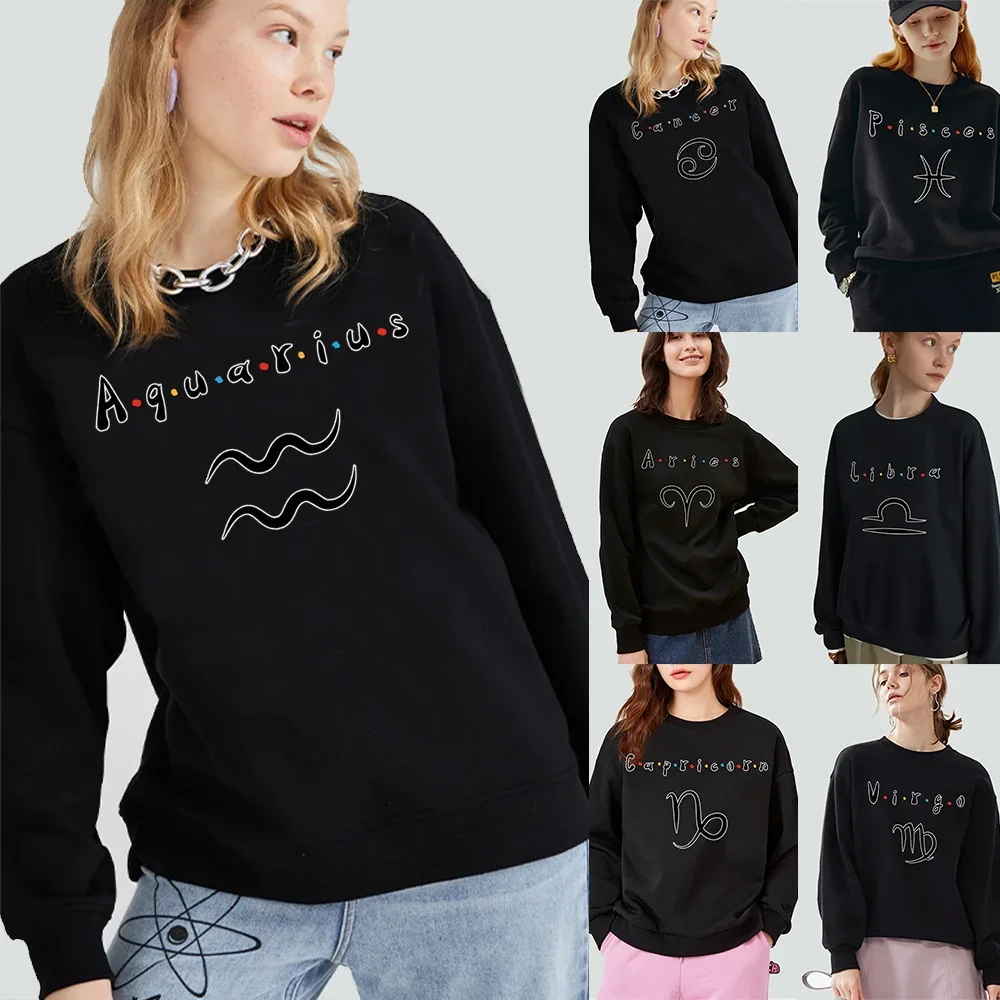 

Women's Clothing Pullover Warm Long-sleeved Sweatshirt Twelve Constellation Print O-neck Casual Autumn Black Comfortable Top