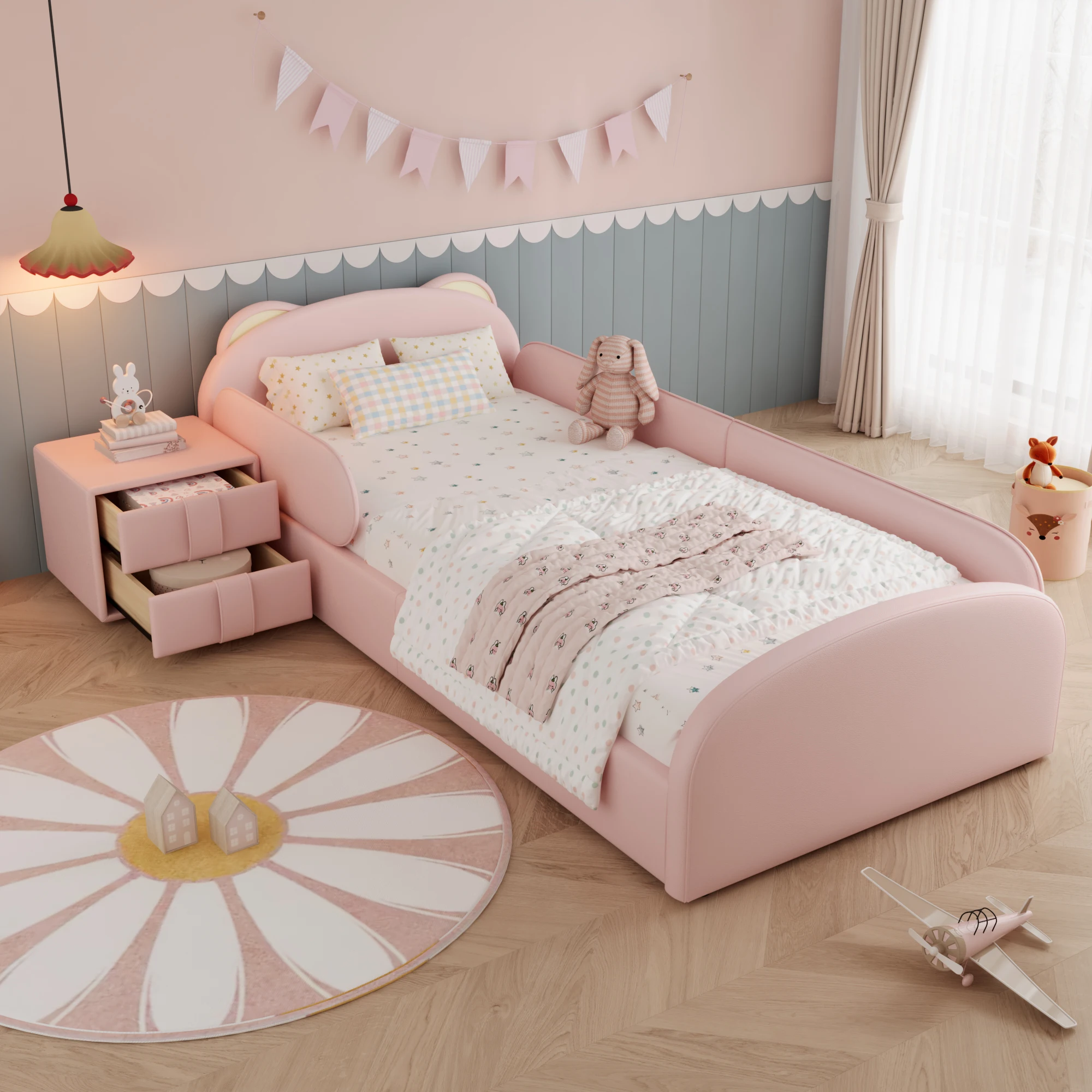 Litenfant 90 × 200 : tête de lit ours, table de chevet, rangement, velours rose, sans matelas