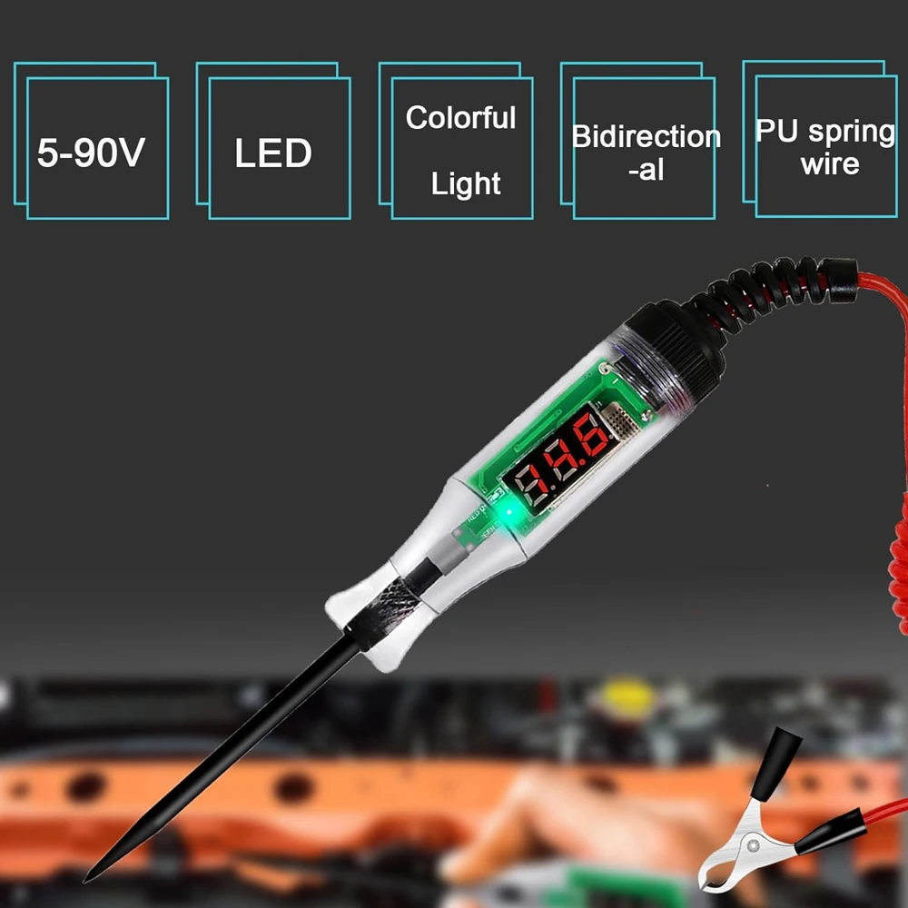 Probador de circuito automotriz con pantalla LCD Digital, luz de prueba, Cable de resorte largo para Sedán, SUV,RV, camión, cortacésped, 3-48V CC