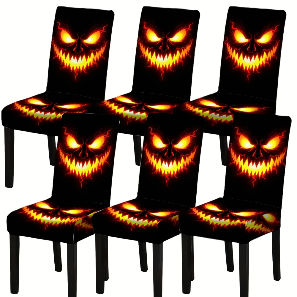 2025NEW 4/6 Pieces Elastic Dining Chair Covers Halloween Black Orange Flame Pumpkin Face Print For Dining Room Decoration