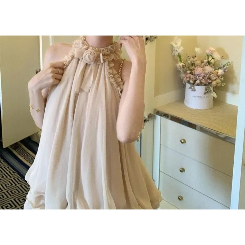 

Sweet Sleeveless Short Dress Summer Neck-hanging Ruffle Leaf Edge Mesh Vacation Skirt