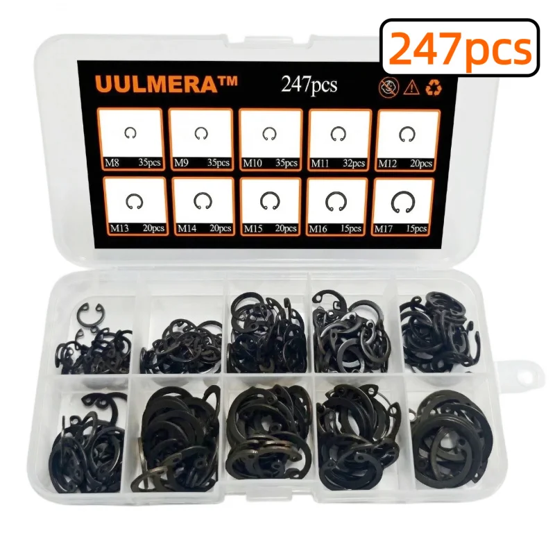 UULMERA 247Pcs Snap Ring Shop Assortment Alloy Steel External Circlip Snap Retaining Clip Rings Set,10 Sizes（M8-M17）