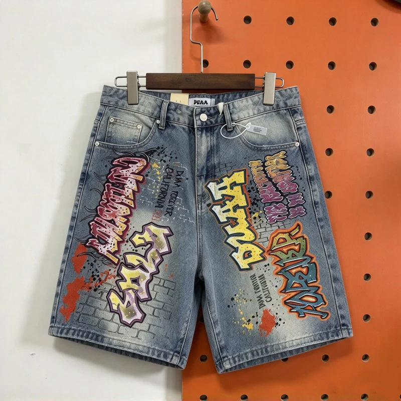 Colorful Graffiti Hotfix Rhinestone Letters Paint Splatter Cracked Wall DUAA Shorts Men Women Fashion Street Denim Pants
