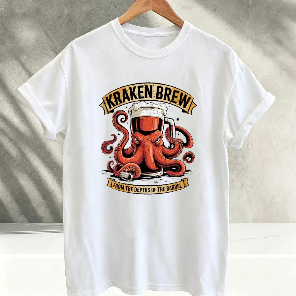 Kraken Brew Vintage Octopus Beer Mug Graphic T‑Shirt Crew Neck Retro Sea Monster Octopus Brewery Art Print Cotton Casual Tops