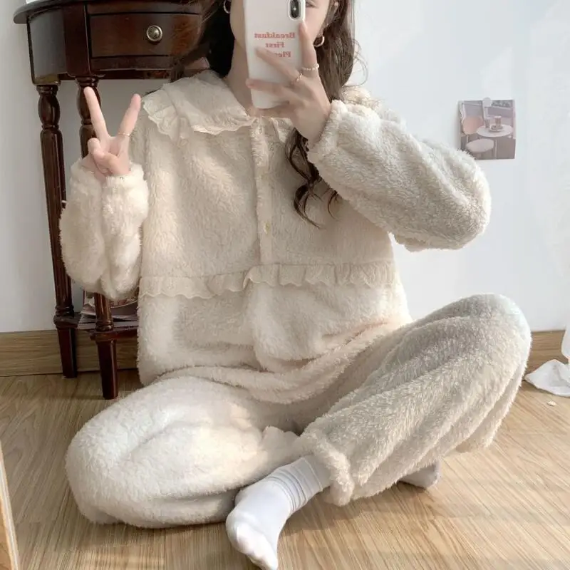 Hot Coral Fleece Leisure Wear Winter Thicken Cute Sweet Minimalist Loungewear Set Dopamine Birthday Present New Style Wholesale