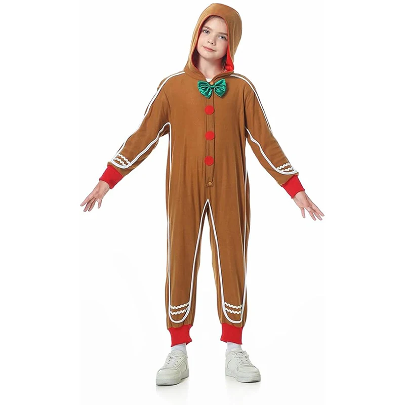 Christmas Gingerbread Costume for Kids Deluxe Long Sleeve Bowtie Jumpsuit Holiday Cosplay Outfit