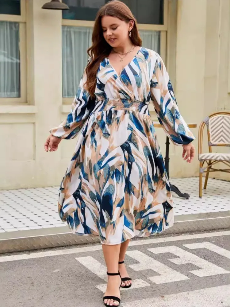 Plus Size Autumn V-Neck Ruffle Dress Women Loose Pleated Fashion Floral Print Ladies Dresses Long Sleeve Casual Woman Dress