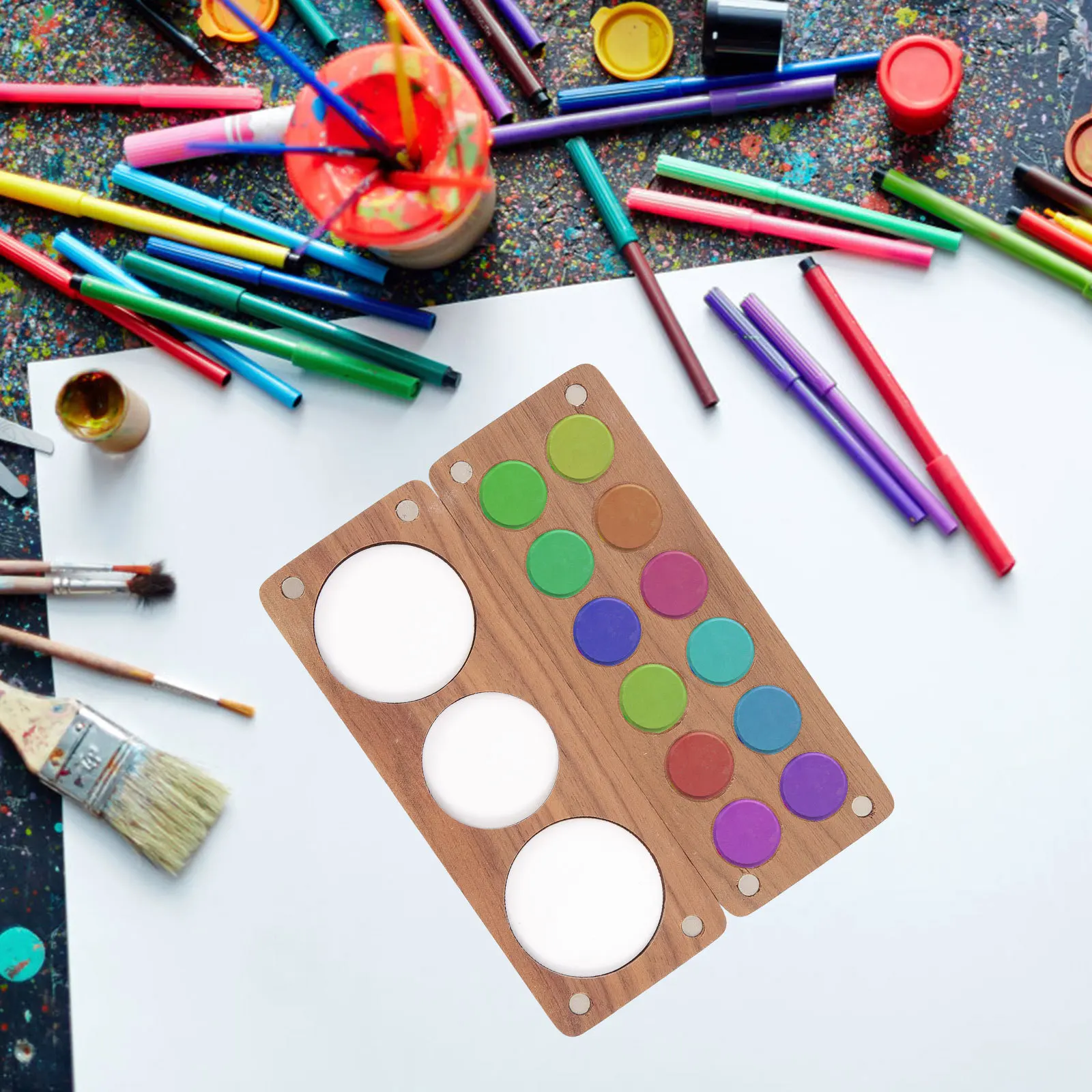 1 Juego de paleta de acuarela, bandeja mezcladora de madera de 12 colores para pintura de viaje con acabado suave, diseño compacto, Ideal para aceite acrílico