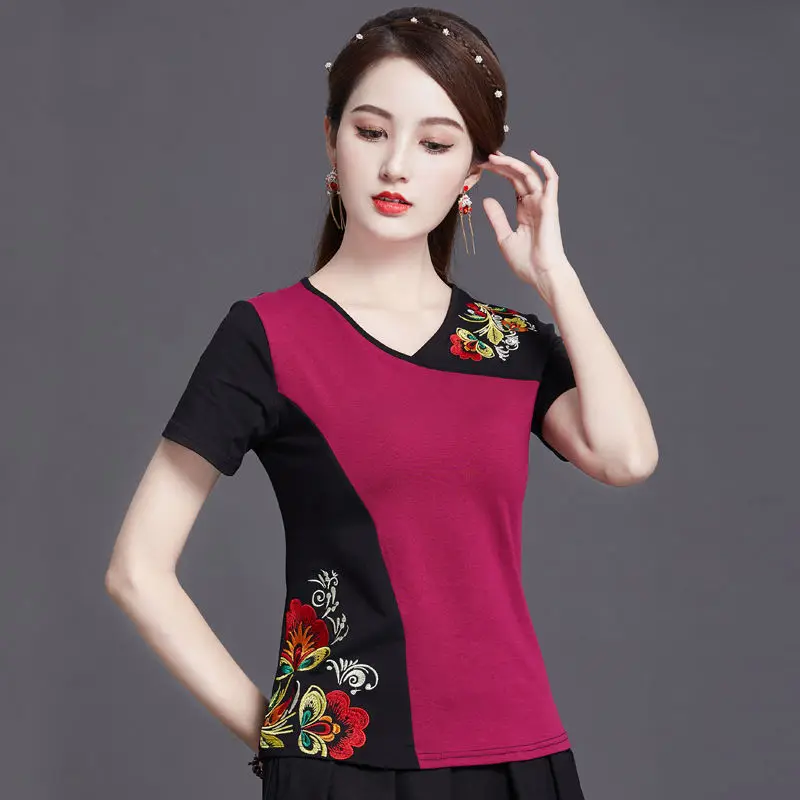 Cheongsam women's plus size tops 2024 Summer cotton blend embroidery splicing V-neck short sleeve Chinese style qipao shirts