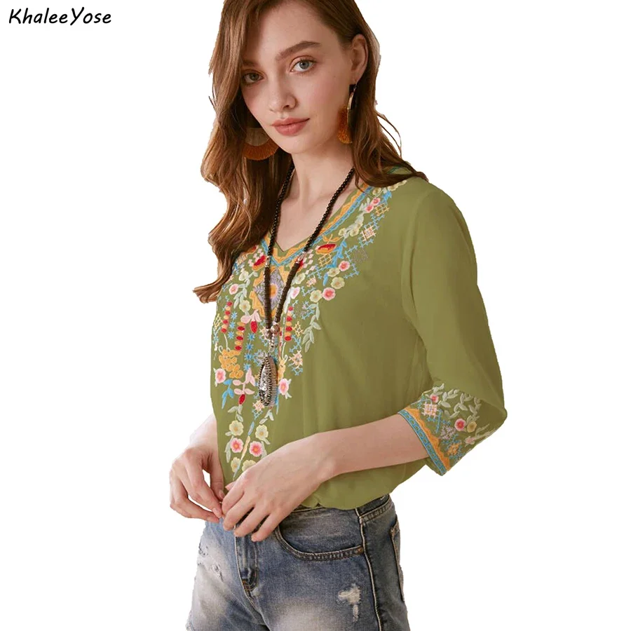 KHALEE YOSE Floral Embroidery Blouse Shirts Boho Vintage Chic Mexican Autumn Blouse Women 2 3xl Ethnic Hippie Shirt Blouse