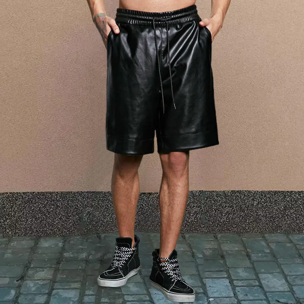 Men Drawstring Waist Shorts Men Crotch Pants Style Shorts Stylish Men's Faux Leather Drawstring Shorts with Pockets Wide for A