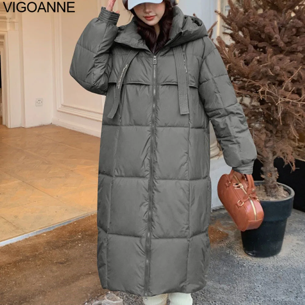 VigoAnne 2025 Korean Solid Hooded Down Long Coat Women Casual Long Sleeve Pocket Winter Loose Jacket Lady Thick Warm Outwear