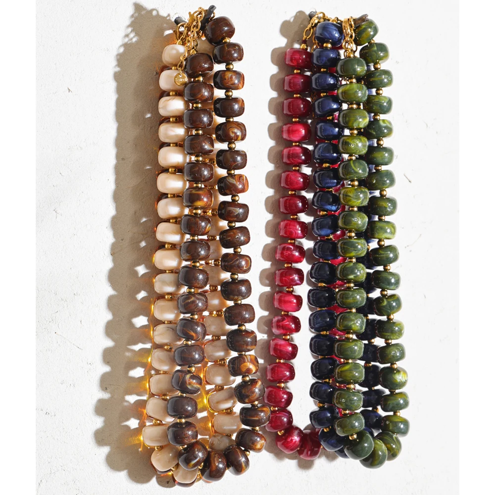 Yhpup Multi Color Resin Beads Chain Handmade Necklace Waterproof Stainless Steel Statement Autumn Winter Style Jewelry
