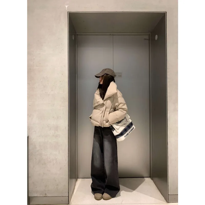 여성 겨울 탑 코트 다운 재킷 옷깃 지퍼 레트로 단순 편안한 느슨한 캐주얼 디자인 패션 새로운 틈새 다목적 스키니