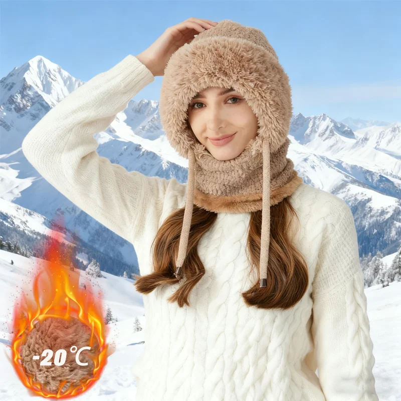 3 في 1 قبعة صغيرة للنساء الشتاء الطقس البارد قبعات منسوجة مقاومة للرياح مقنعين وشاح سميكة أفخم