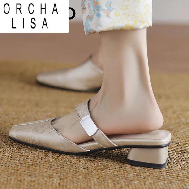 

ORCHA LISA 2025 Модный дизайн Женские слипоны с квадратным носком на низком каблуке 2,5 см Металлический декор Большой размер 41 42 43 Женские сандалии для свиданий