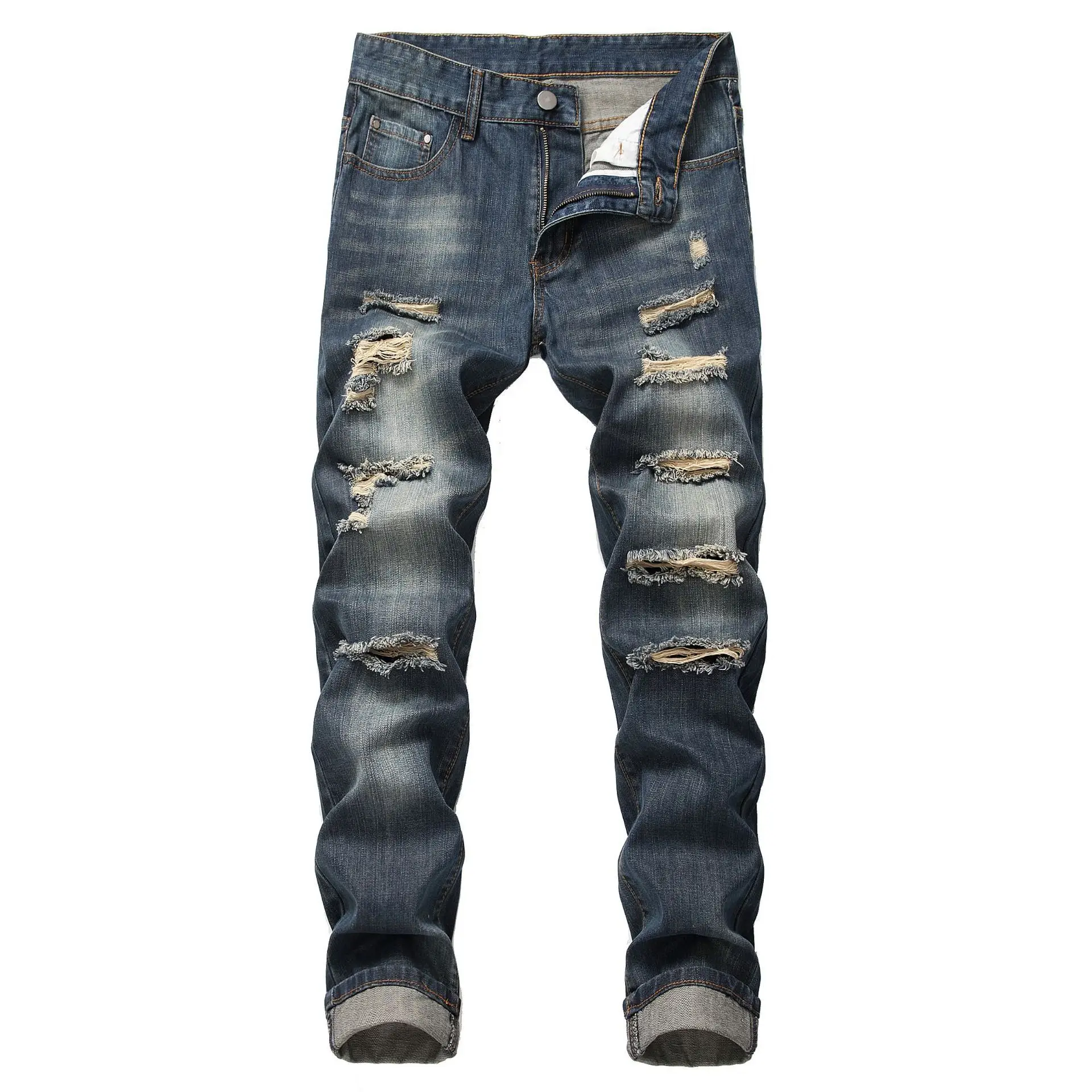 

2025 fashion high-quality men's straight leg fashion multi hole denim jeans