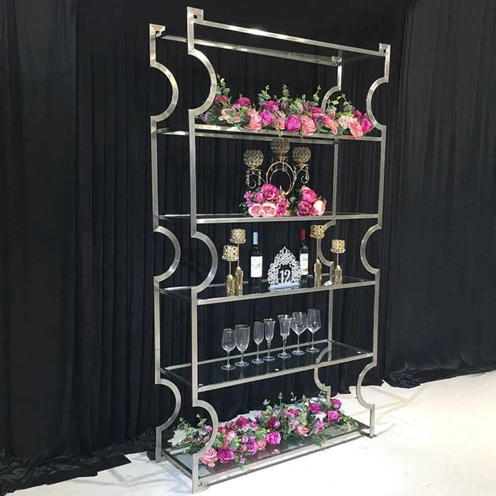 

Composation design wine rack shelf stainless steel glass five layers wine display stand