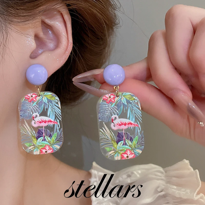 

Purple Flamingo Oil Painting Earrings Silver Needle Acrylic Eco-Friendly Creative Drop Earrings Artistic Style