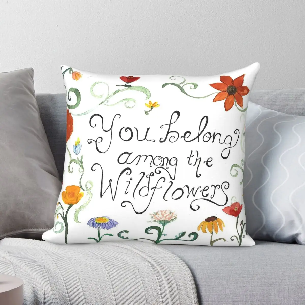 Taie d'oreiller carrée « You Belong Among The Wildflowers » en polyester, lin et velours, imprimée, avec fermeture éclair, décorative, pour lit
