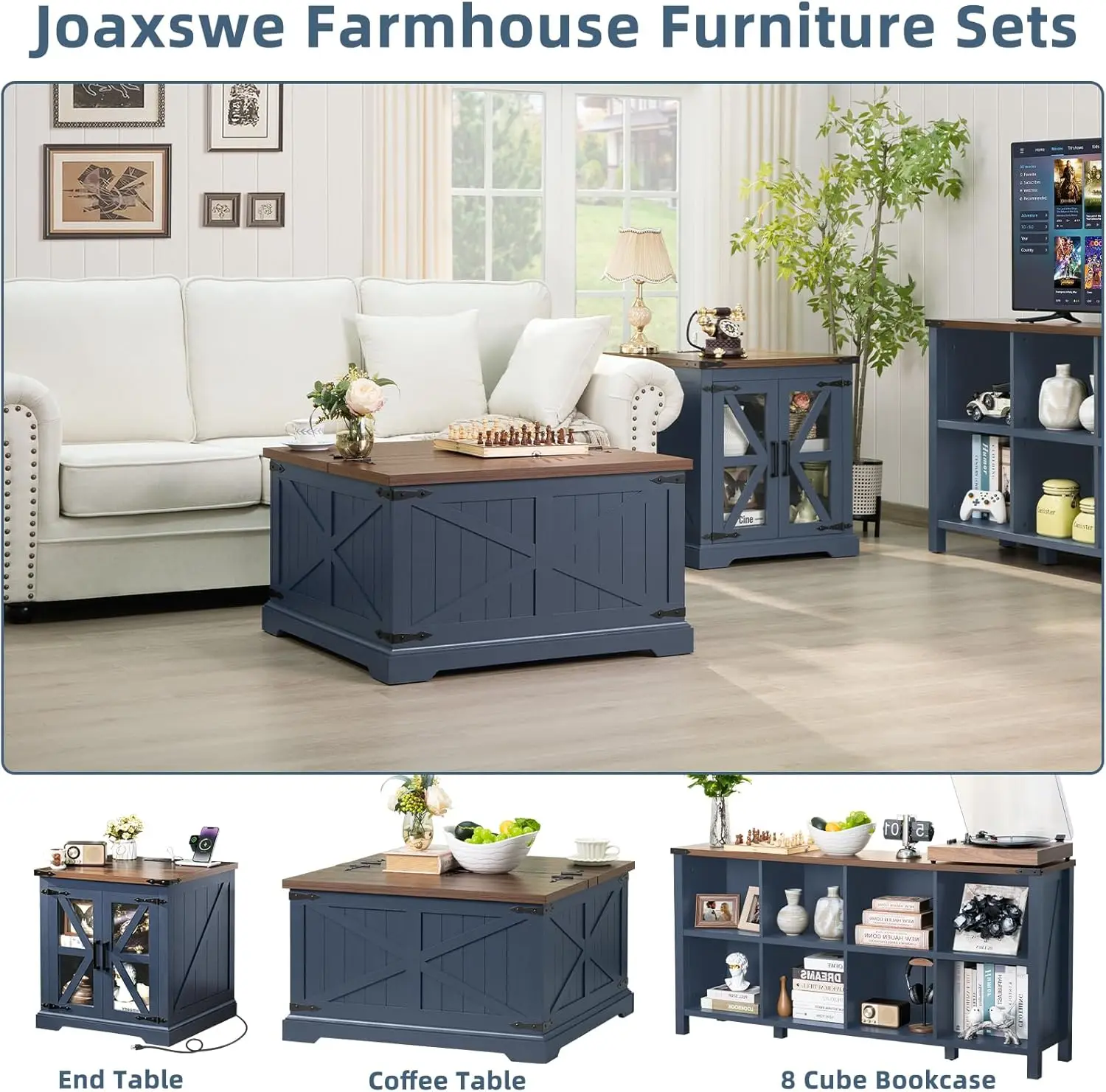 طاولة قهوة للمزرعة باللون الأزرق الداكن مع مساحة تخزين مخفية، سطح رفع من الخشب الريفي وقاعدة قوسية #3