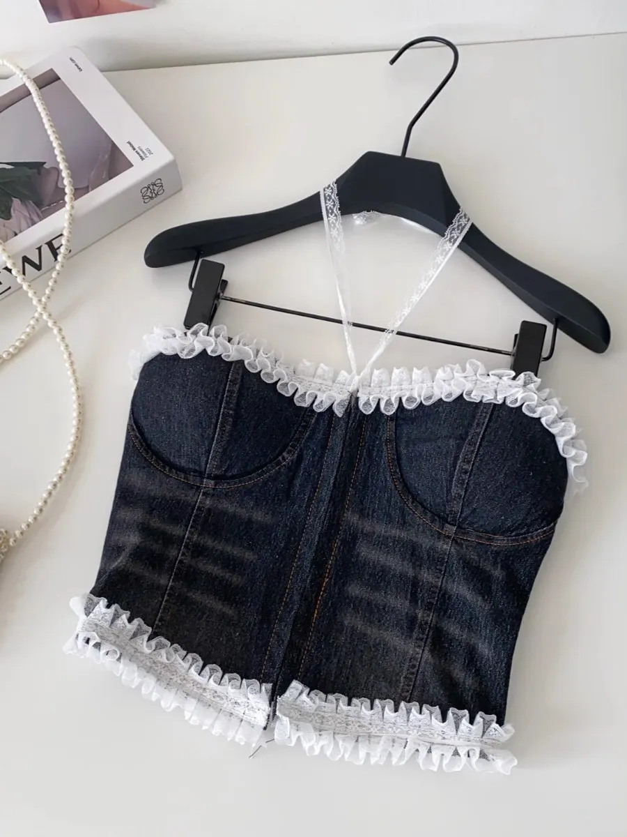 Foamlina Corsetto a fascia in denim effetto consumato con volant alla moda Top da donna europeo Hot Girl Slim Fit Street Style Petite Vest Bra