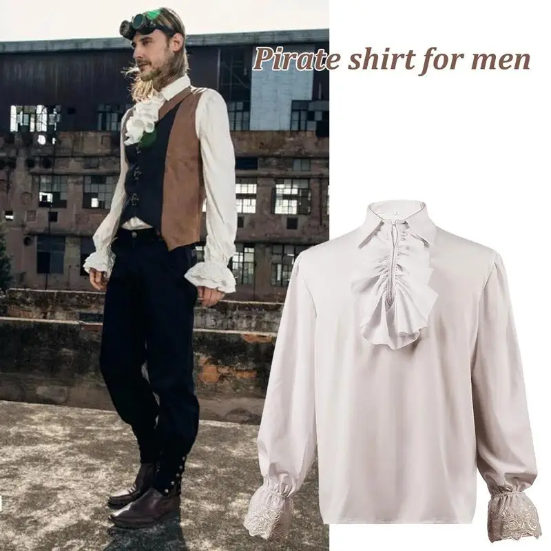 Men's Pirate Shirt Vampire Renaissance Victorian Steampunk Gothic Costume Long Sleeve Cosplay Clothing Halloween Costume Top