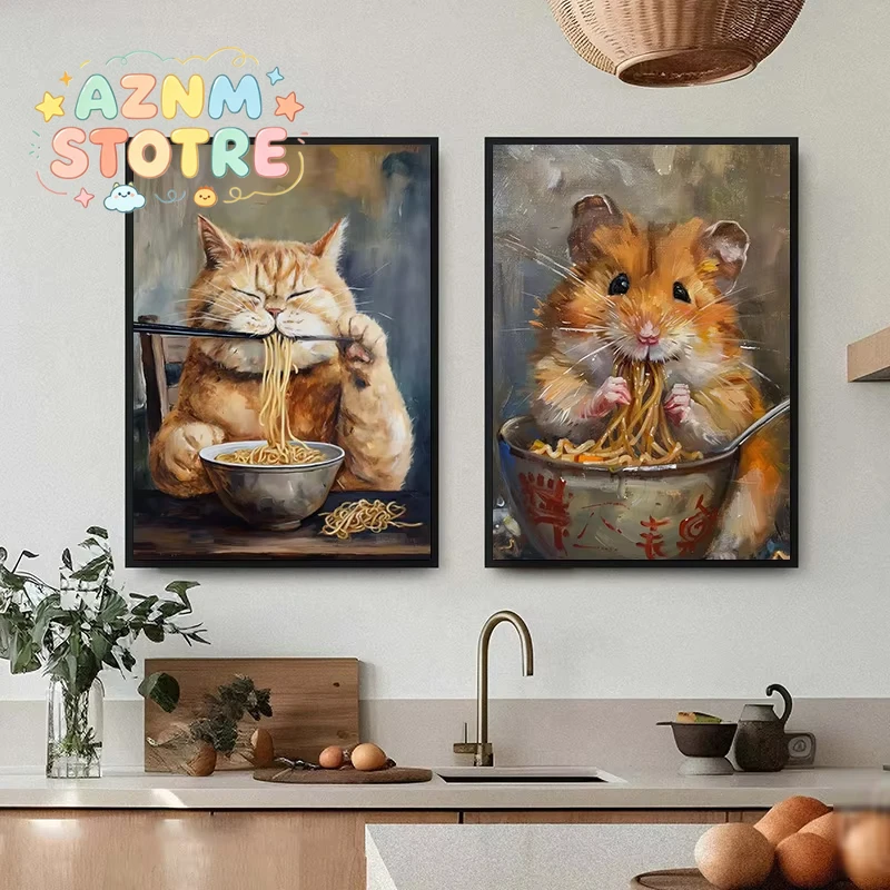 Funny Animals Eating Ramen Poster Printing Raccoon, Hamster, Fox, Cat, Dog, Wolf Canvas Art Home Decor for Bedrooms Dining Ro